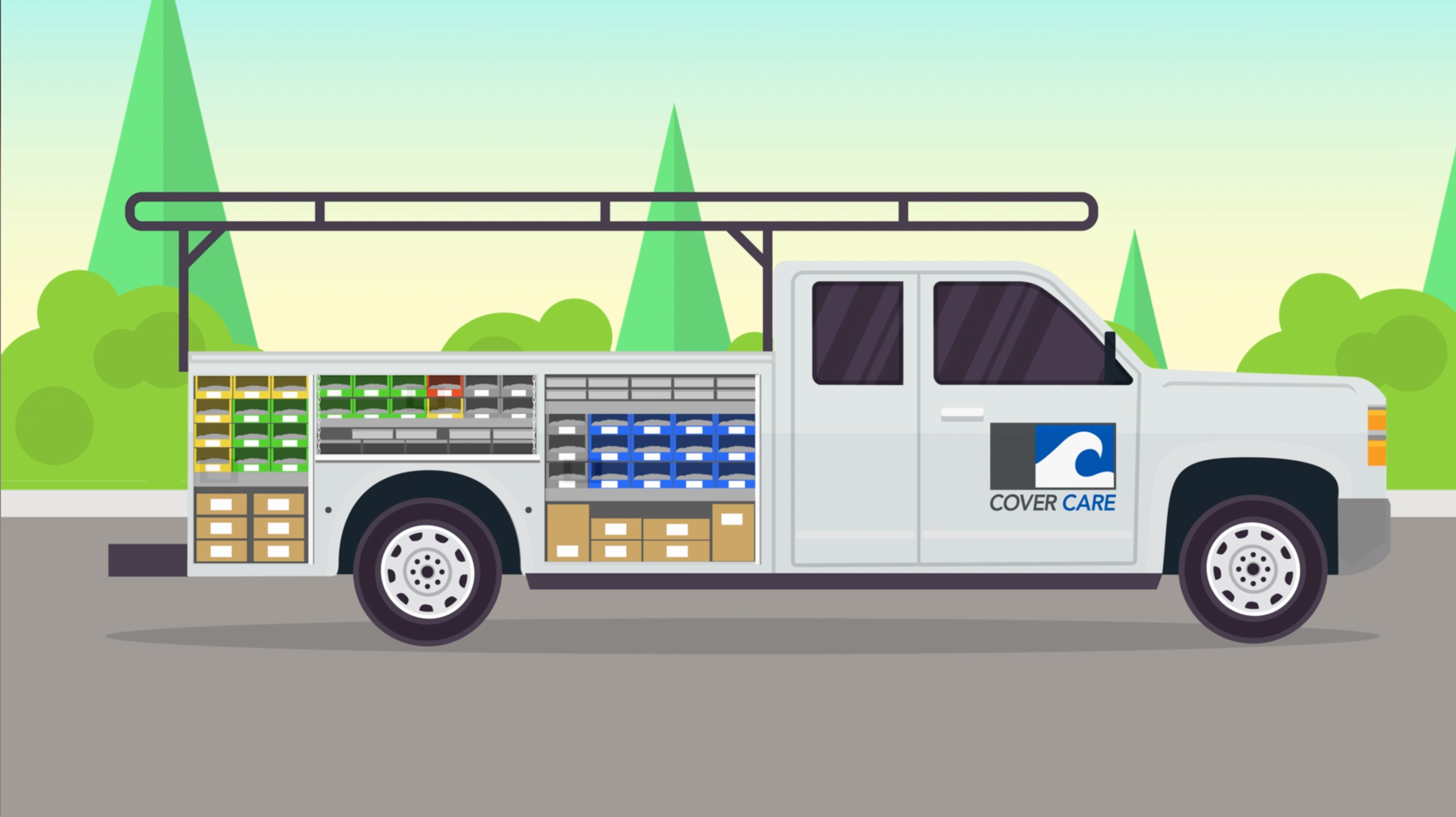 Cartoon image of a Cover Care, LLC truck
