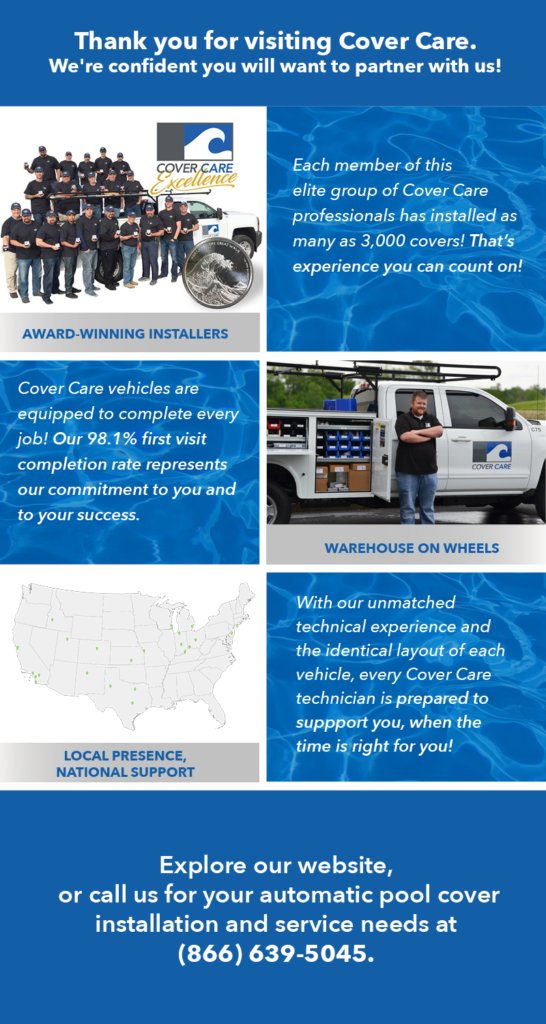 Cover Care, LLC flyer highlighting locations, experience, and technicians trucks.