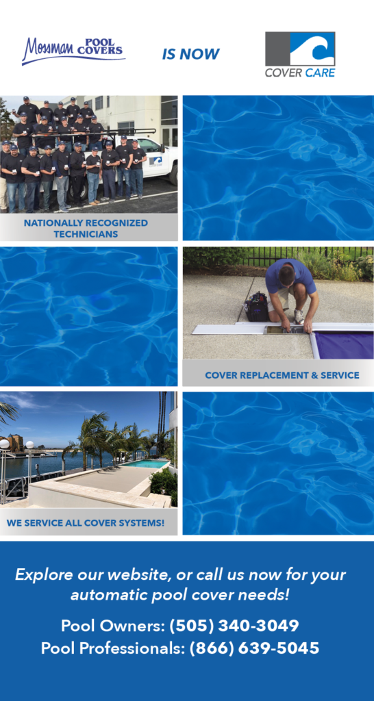 Flyer announcing that Mossman Pool Covers is now Cover Care, LLC