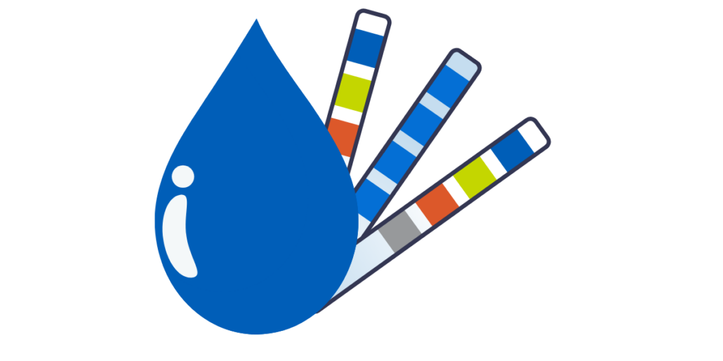 graphic of water drop and pool chemical test strip